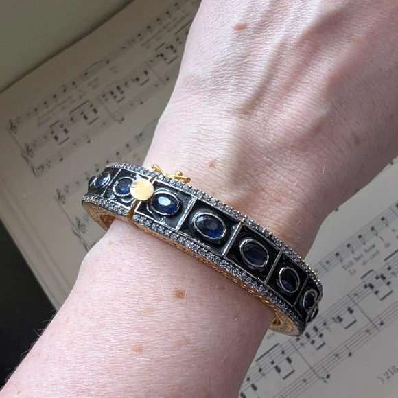 Gold-Tone Blue Sapphire Halo Bangle Bracelet - Picture 7 of 12